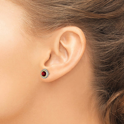 Shey Couture Sterling Silver with 14K Accent Antiqued Round Bezel Garnet Post Earrings