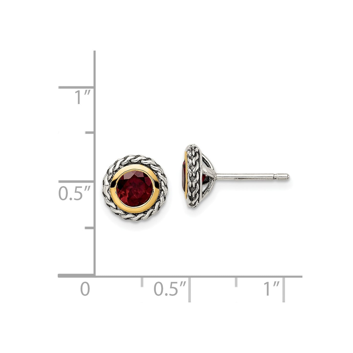 Shey Couture Sterling Silver with 14K Accent Antiqued Round Bezel Garnet Post Earrings