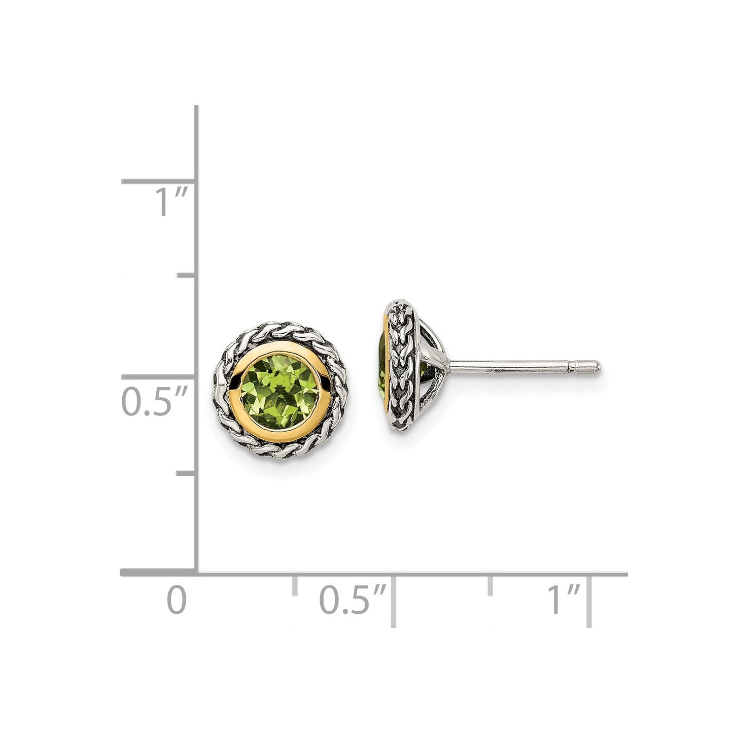 Shey Couture Sterling Silver with 14K Accent Antiqued Round Bezel Peridot Post Earrings