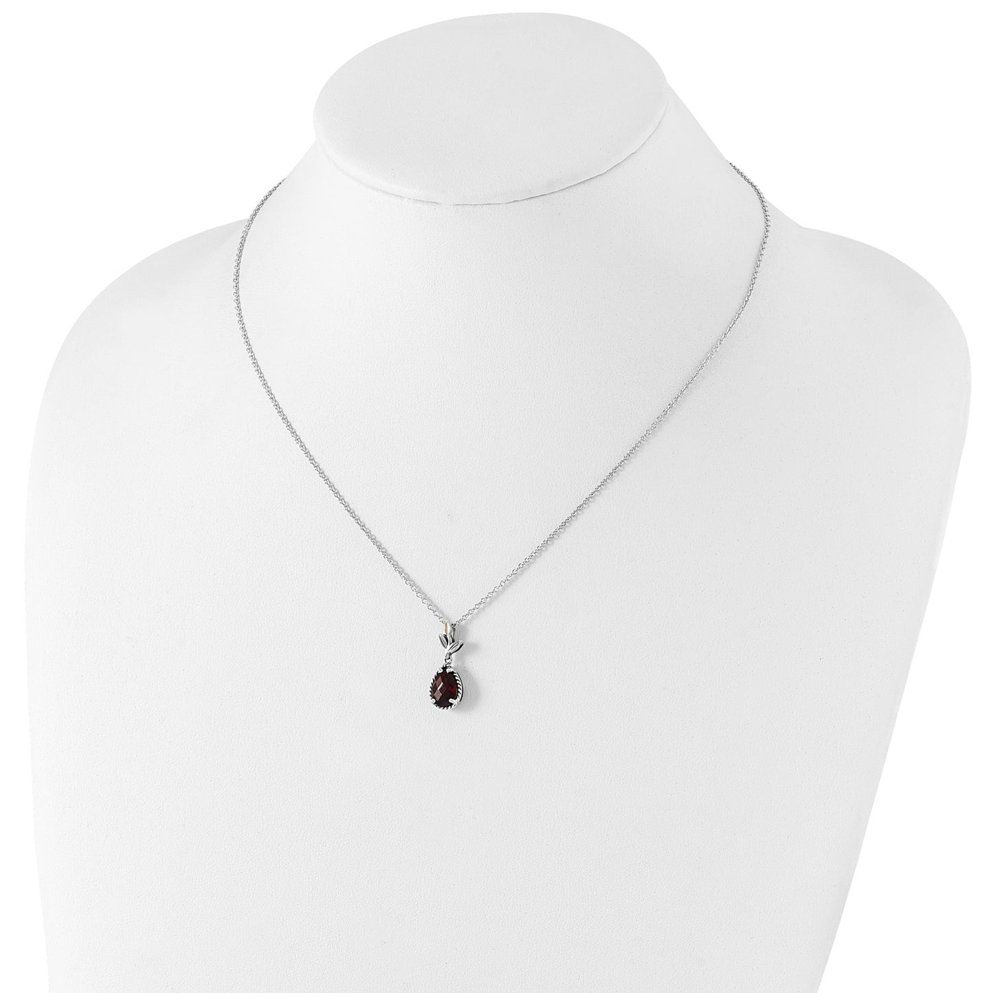 Shey Couture Sterling Silver with 14K Accent 18 Inch Antiqued Leaves with Pear Shaped Checkerboard Garnet Necklace with 2 Inch Extender