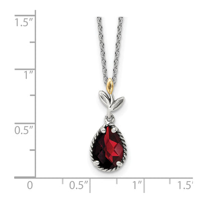 Shey Couture Sterling Silver with 14K Accent 18 Inch Antiqued Leaves with Pear Shaped Checkerboard Garnet Necklace with 2 Inch Extender