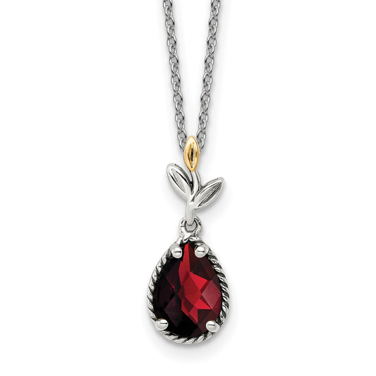 Shey Couture Sterling Silver with 14K Accent 18 Inch Antiqued Leaves with Pear Shaped Checkerboard Garnet Necklace with 2 Inch Extender