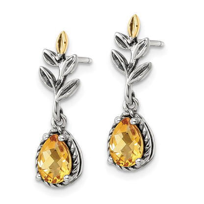 Shey Couture Sterling Silver with 14K Accent Antiqued Leaf Pear Shaped Citrine Dangle Post Earrings