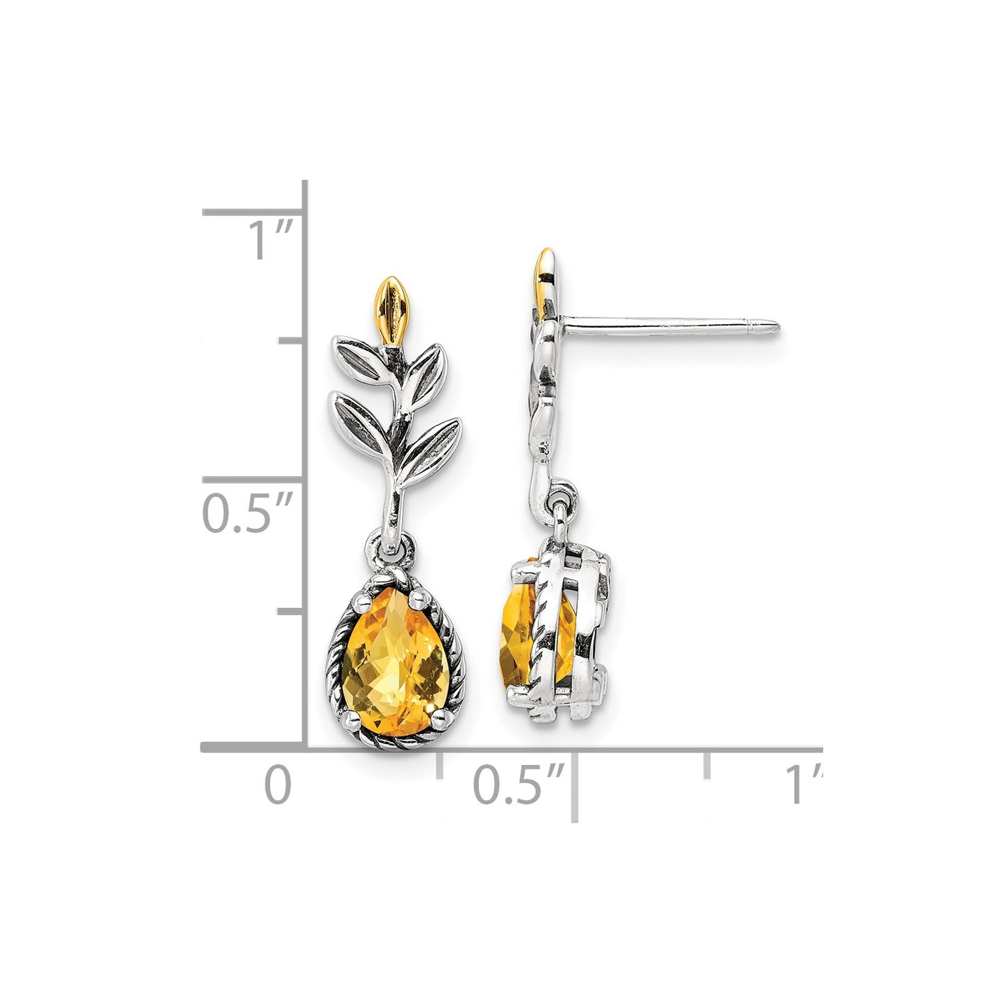 Shey Couture Sterling Silver with 14K Accent Antiqued Leaf Pear Shaped Citrine Dangle Post Earrings