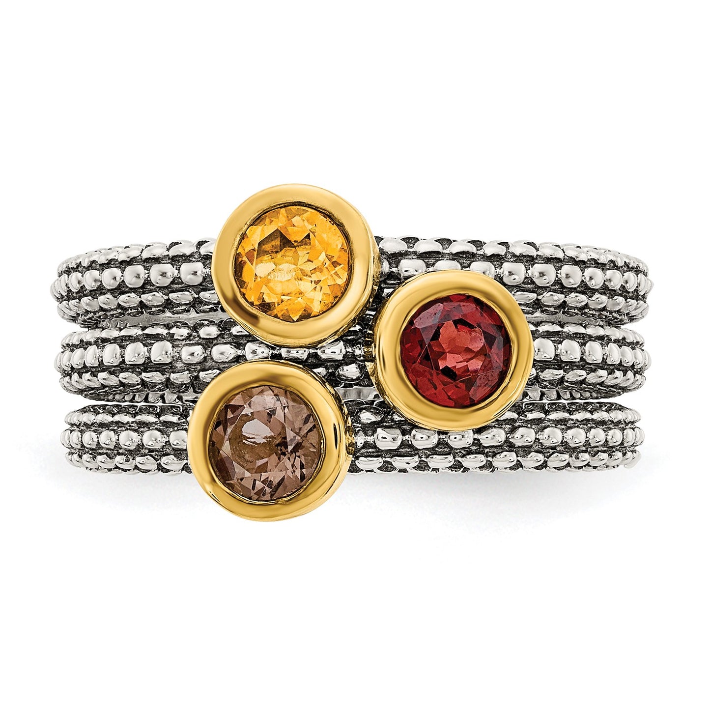 Shey Couture Sterling Silver Gold-tone Flash Gold-plated Antiqued Round Bezel .30Garnet/.20Citrine/.20Smoky Quartz 3 Stackable Rings