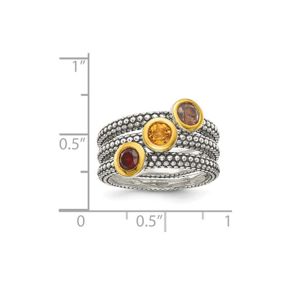 Shey Couture Sterling Silver Gold-tone Flash Gold-plated Antiqued Round Bezel .30Garnet/.20Citrine/.20Smoky Quartz 3 Stackable Rings