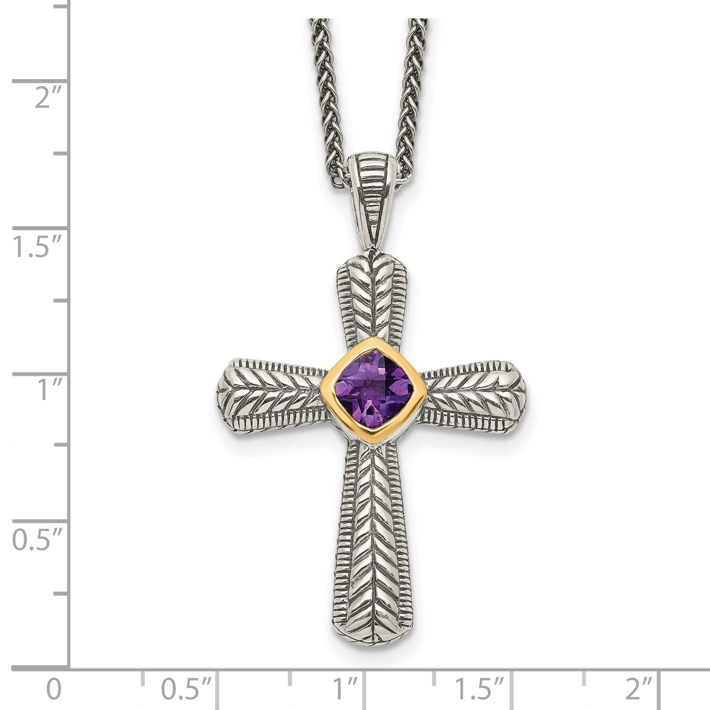 Shey Couture Sterling Silver with 14K Accent 18 Inch Antiqued Cushion Bezel Amethyst Cross Necklace