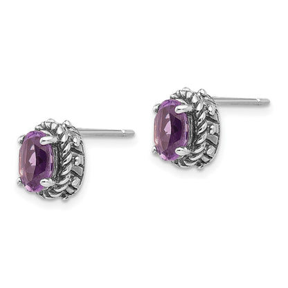 Shey Couture Sterling Silver Antiqued Oval Amethyst Post Earrings