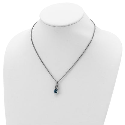 Shey Couture Sterling Silver 18 Inch Antiqued Cushion Bezel Sky Blue Topaz and Diamond Necklace