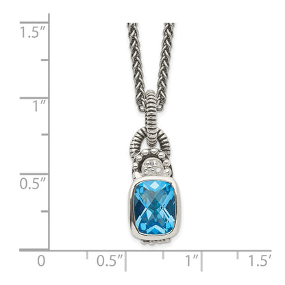 Shey Couture Sterling Silver 18 Inch Antiqued Cushion Bezel Sky Blue Topaz and Diamond Necklace