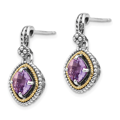 Shey Couture Sterling Silver with 14K Accent Antiqued Cushion Amethyst Post Dangle Earrings