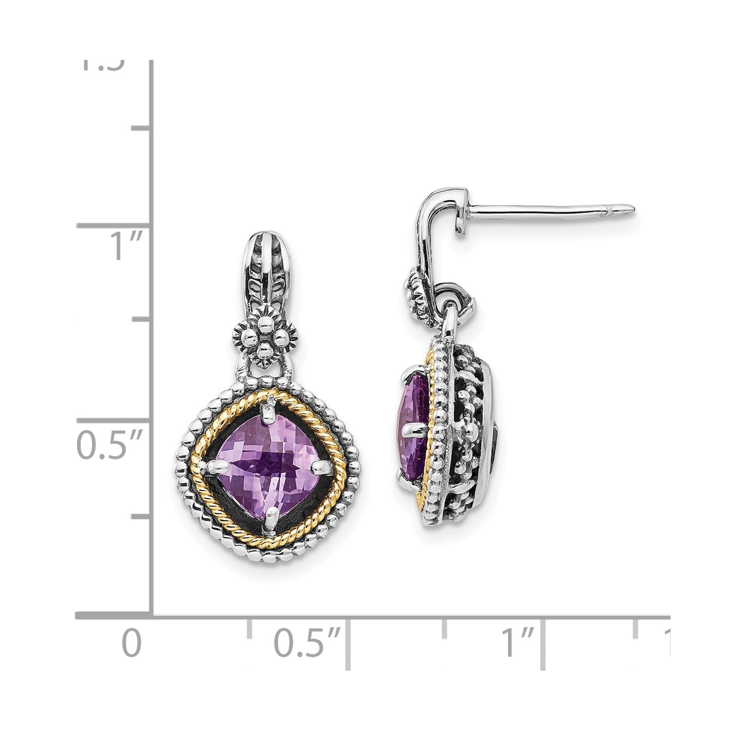 Shey Couture Sterling Silver with 14K Accent Antiqued Cushion Amethyst Post Dangle Earrings