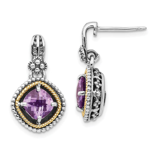 Shey Couture Sterling Silver with 14K Accent Antiqued Cushion Amethyst Post Dangle Earrings