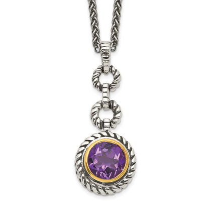 Shey Couture Sterling Silver Gold-tone Flash Gold-plated 18 Inch Antiqued Round Bezel Amethyst Necklace