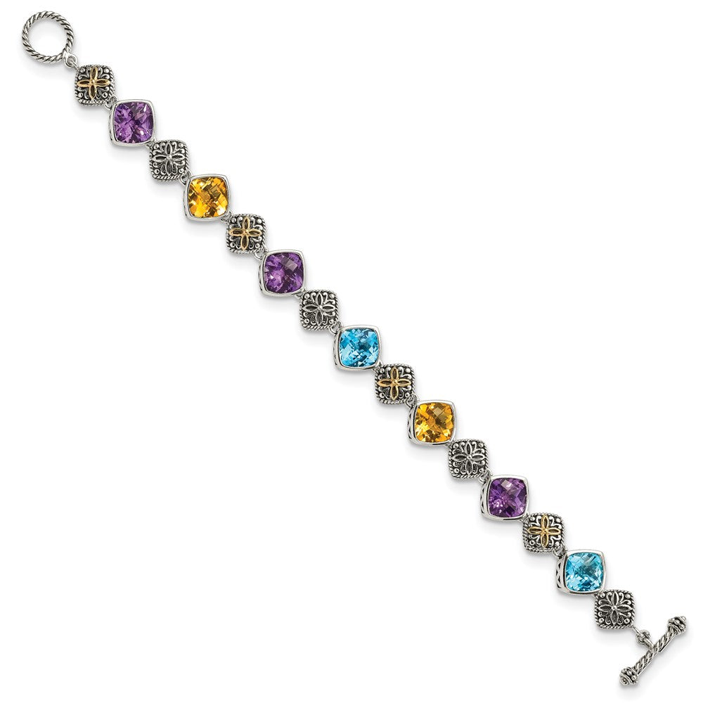 Shey Couture Sterling Silver with 14K Accent 8.25 Inch Antiqued Cushion Bezel 7.95Amethyst/7.1Blue Topaz/5.3Citrine Bracelet