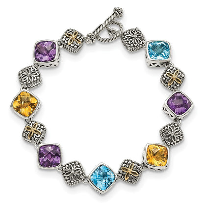 Shey Couture Sterling Silver with 14K Accent 8.25 Inch Antiqued Cushion Bezel 7.95Amethyst/7.1Blue Topaz/5.3Citrine Bracelet