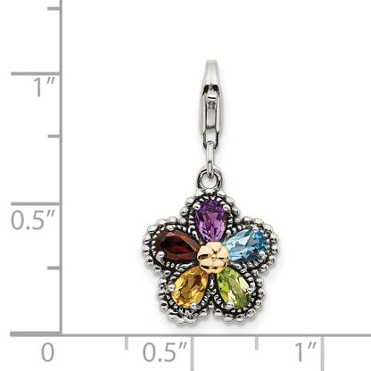 Shey Couture Sterling Silver with 14K Accent Antiqued Pear Shaped Amethyst Citrine Blue Topaz Peridot and Garnet Multicolored Gemstone Flower with Lobster Clasp Charm