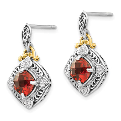 Shey Couture Sterling Silver with 14K Accent Antiqued Diamond and Cushion Garnet Post Dangle Earrings