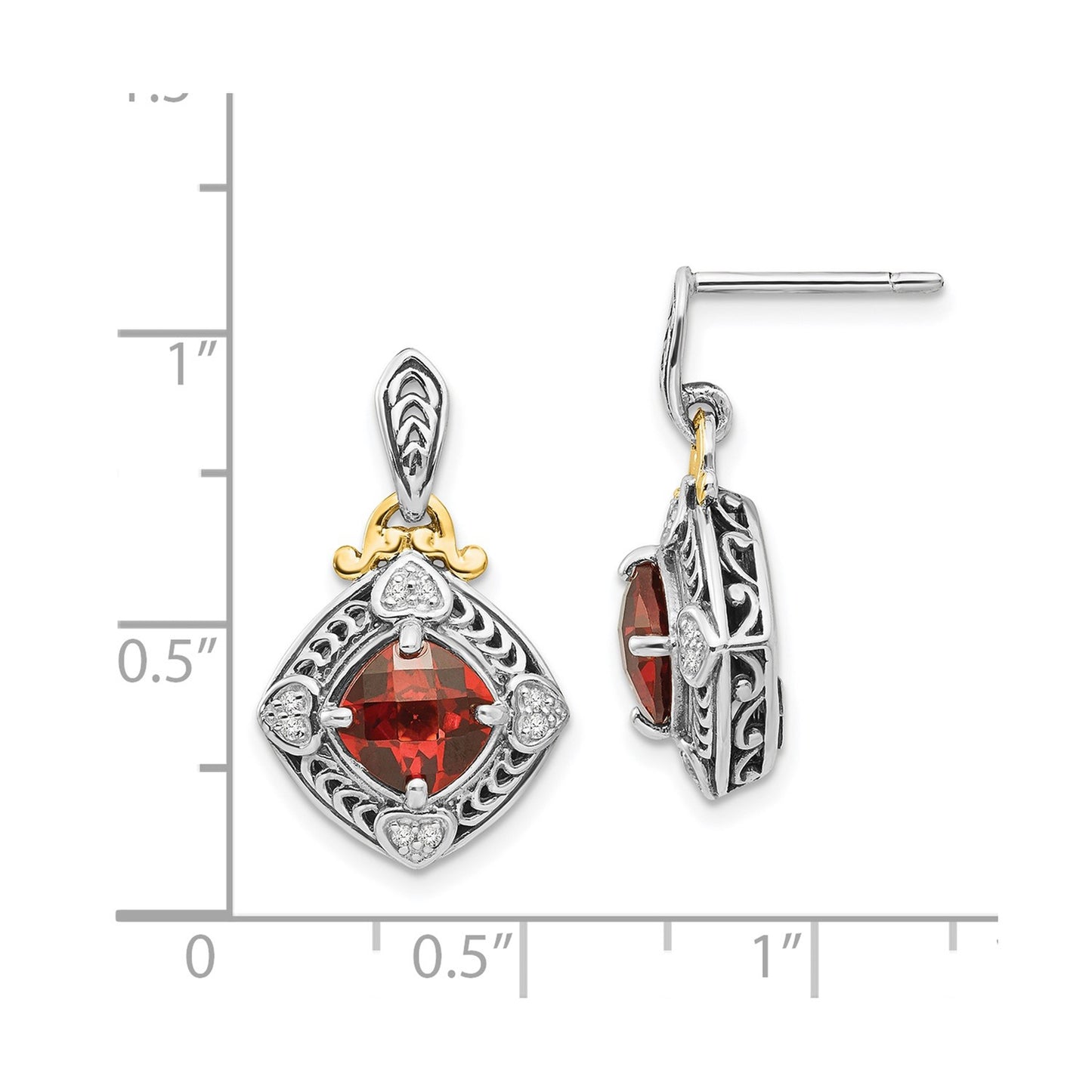 Shey Couture Sterling Silver with 14K Accent Antiqued Diamond and Cushion Garnet Post Dangle Earrings