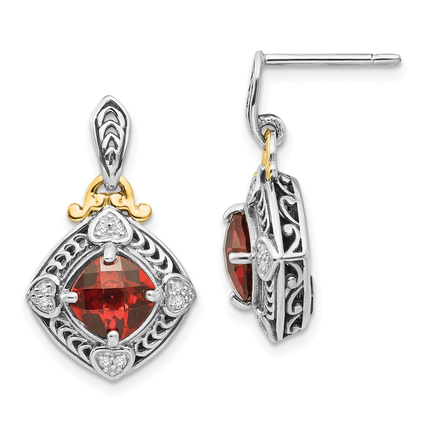 Shey Couture Sterling Silver with 14K Accent Antiqued Diamond and Cushion Garnet Post Dangle Earrings