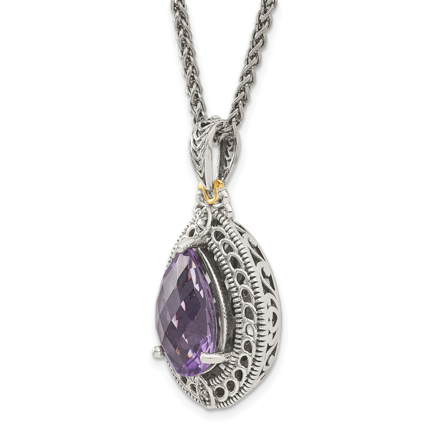 Shey Couture Sterling Silver with 14K Accent 18 Inch Antiqued Diamond and Pear Shaped Amethyst Necklace