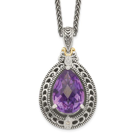 Shey Couture Sterling Silver with 14K Accent 18 Inch Antiqued Diamond and Pear Shaped Amethyst Necklace