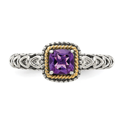 Shey Couture Sterling Silver with 14K Accent Antiqued Cushion Amethyst Ring