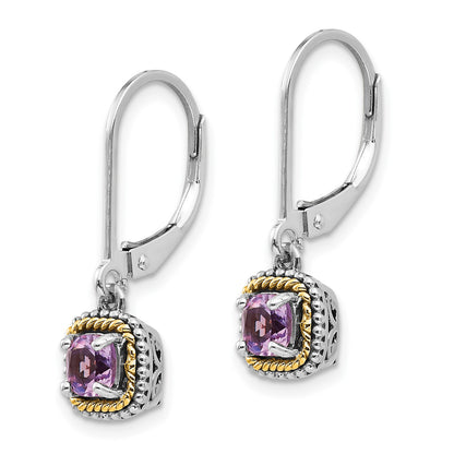 Shey Couture Sterling Silver with 14K Accent Antiqued Cushion Amethyst Leverback Dangle Earrings