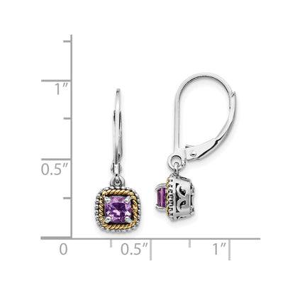 Shey Couture Sterling Silver with 14K Accent Antiqued Cushion Amethyst Leverback Dangle Earrings