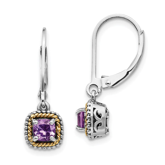 Shey Couture Sterling Silver with 14K Accent Antiqued Cushion Amethyst Leverback Dangle Earrings