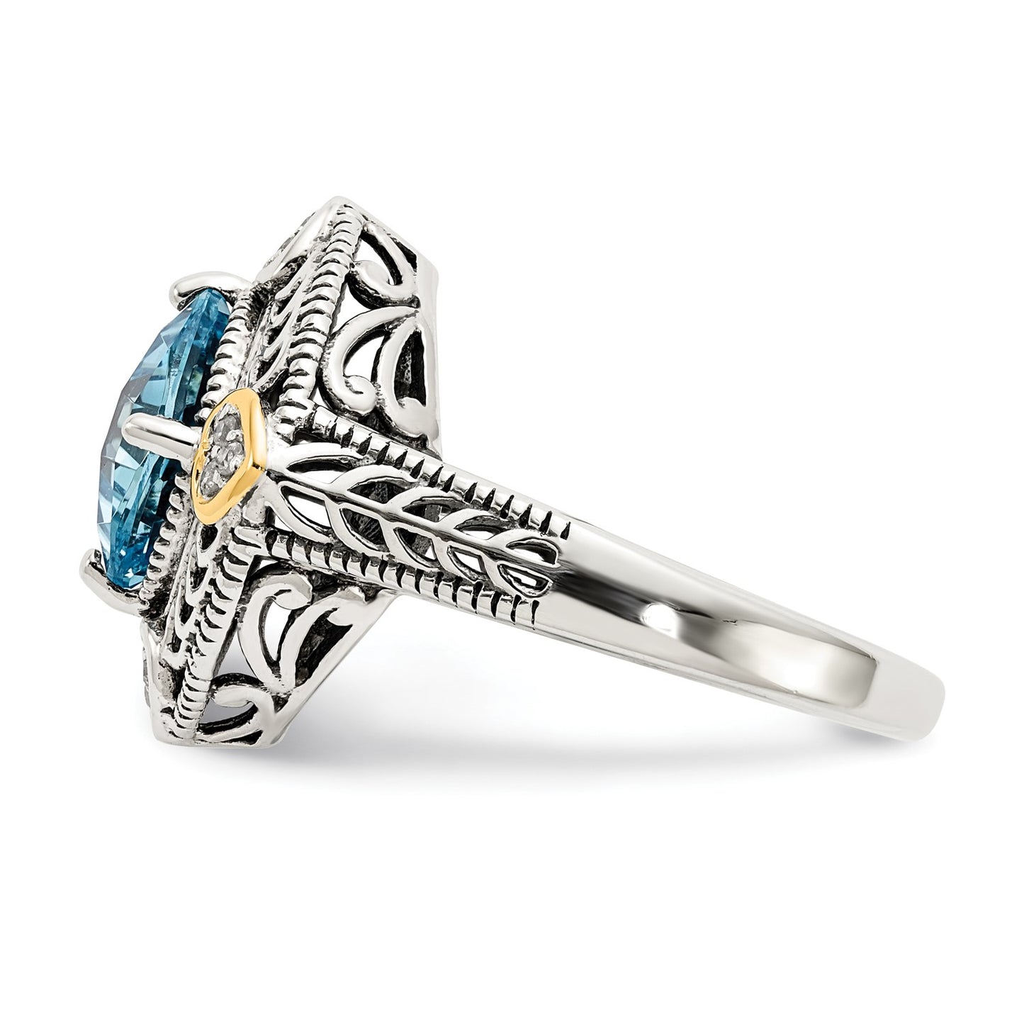 Shey Couture Sterling Silver with 14K Accent Antiqued Diamond and Cushion Blue Topaz Ring