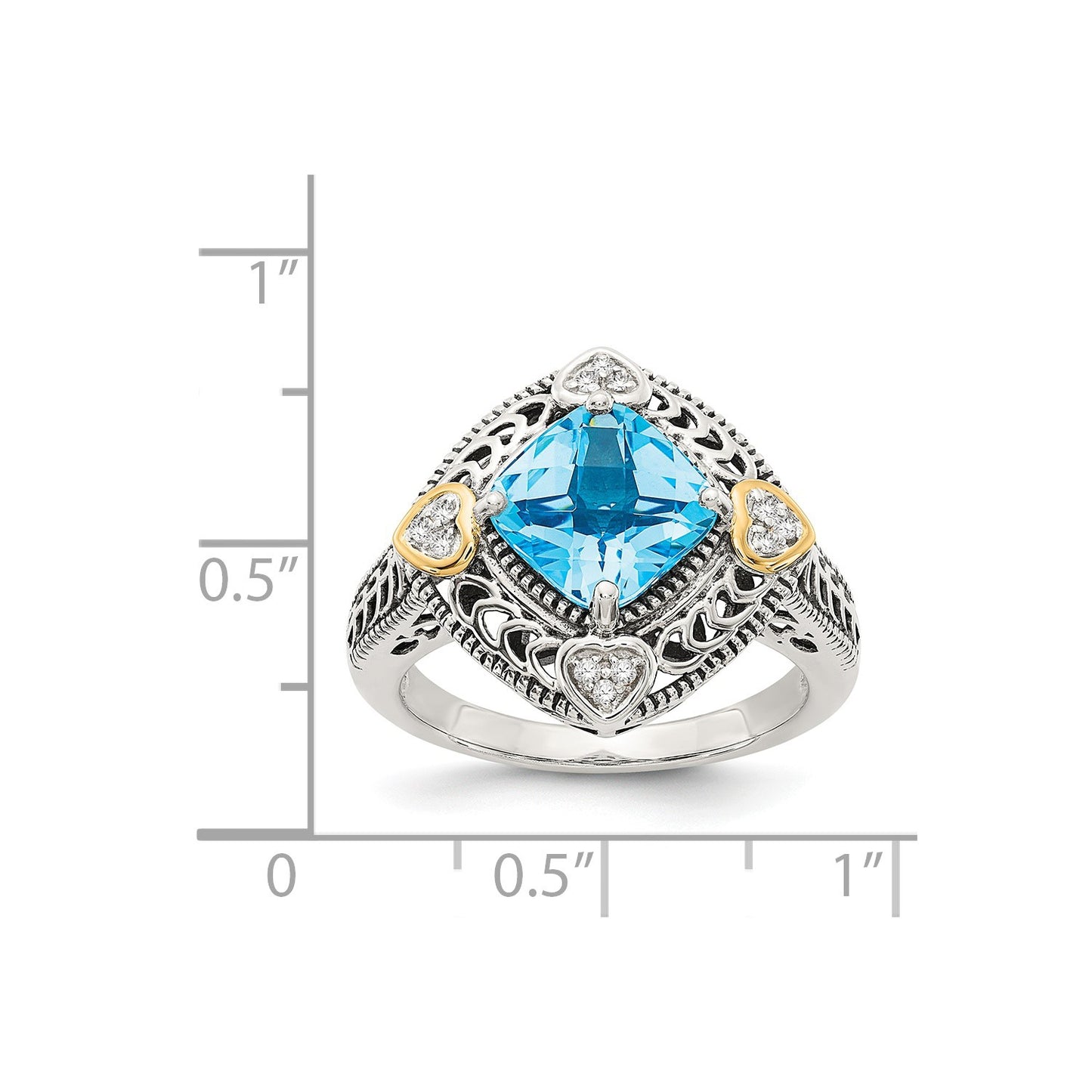 Shey Couture Sterling Silver with 14K Accent Antiqued Diamond and Cushion Blue Topaz Ring