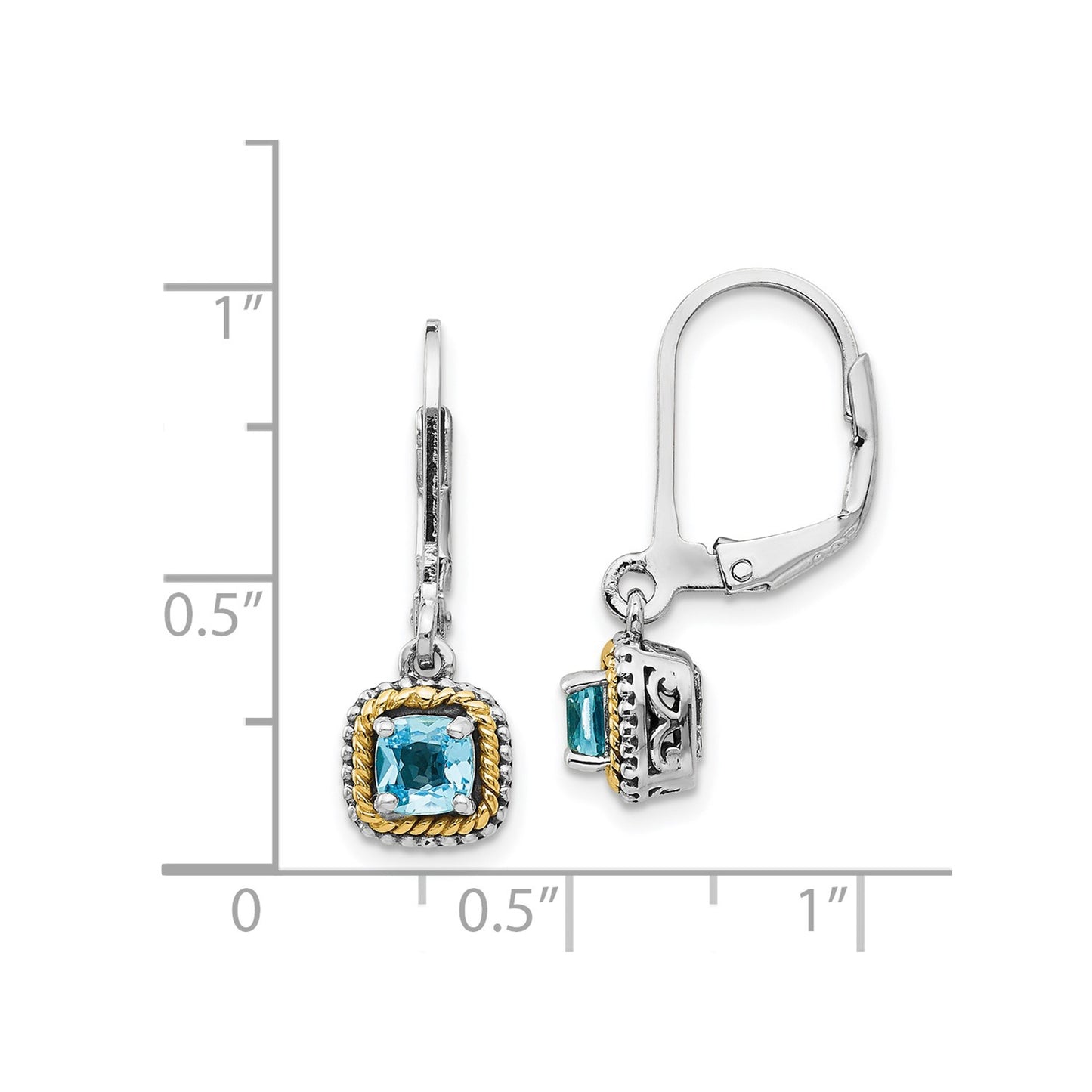 Shey Couture Sterling Silver with 14K Accent Antiqued Cushion Blue Topaz Leverback Dangle Earrings