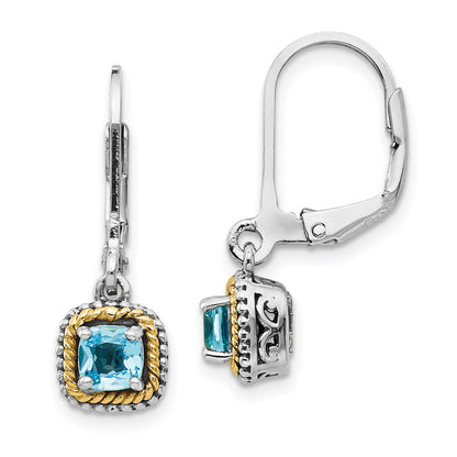 Shey Couture Sterling Silver with 14K Accent Antiqued Cushion Blue Topaz Leverback Dangle Earrings