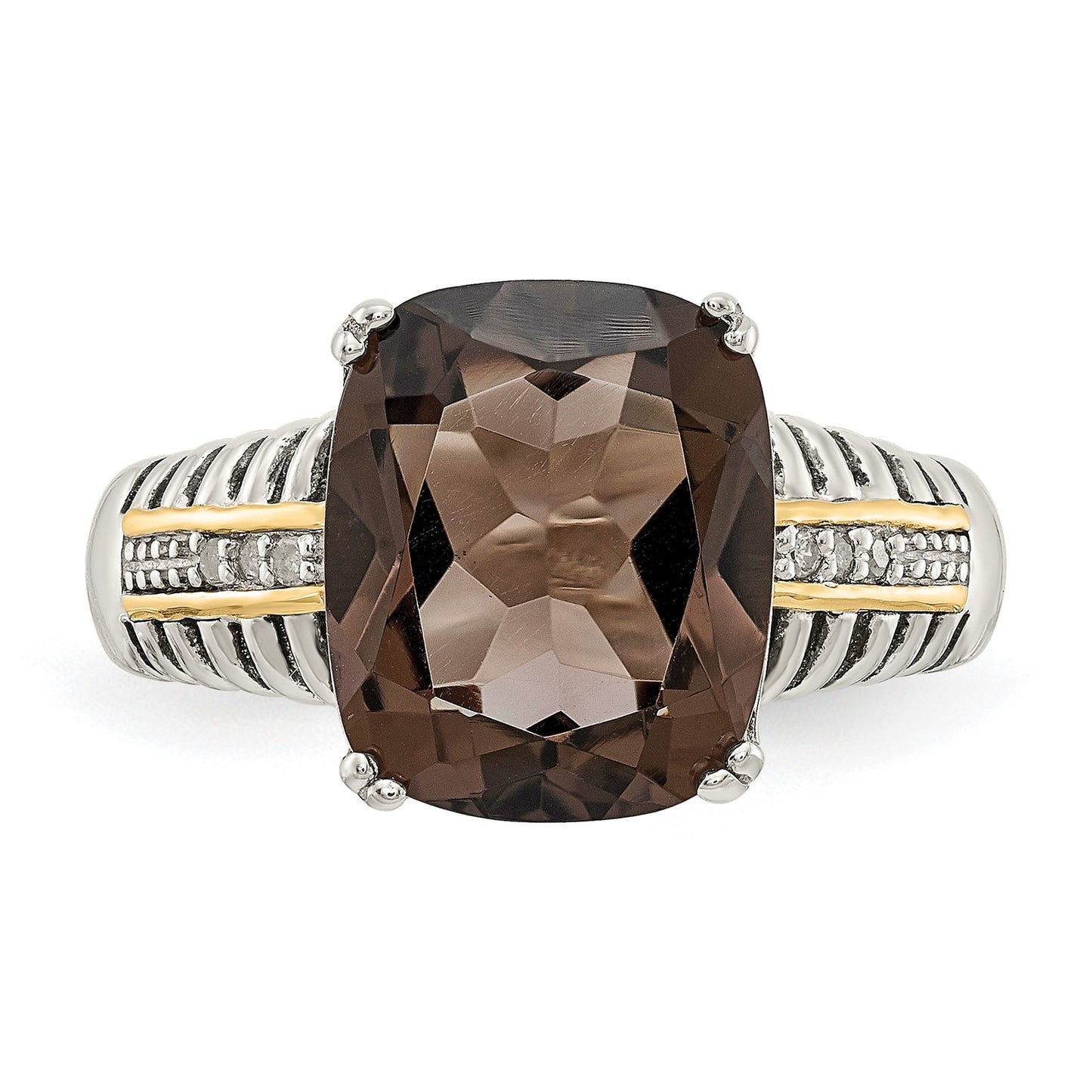 Shey Couture Sterling Silver with 14K Accent Antiqued Cushion Smoky Quartz and Diamond Ring