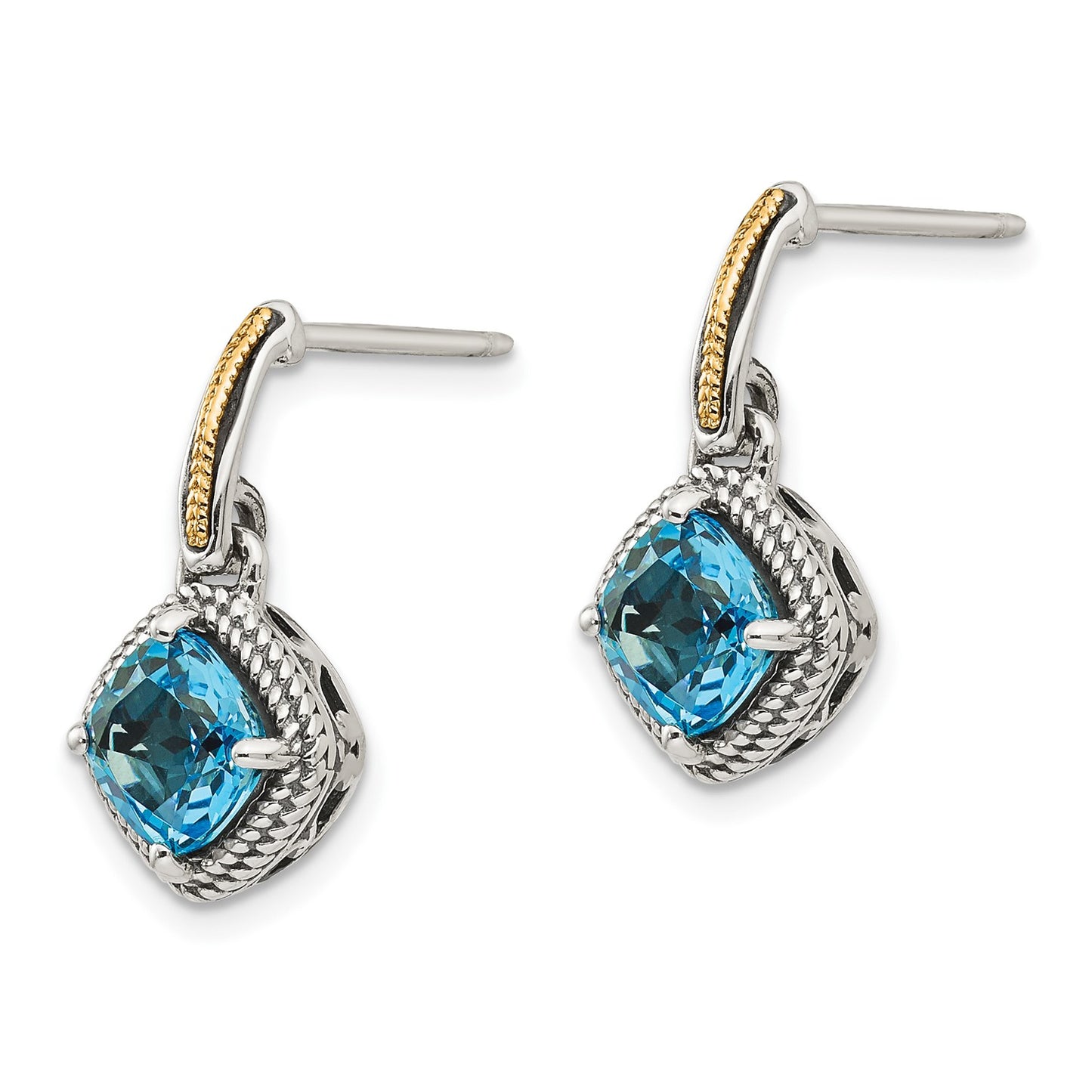 Shey Couture Sterling Silver with 14K Accent Antiqued Cushion Light Swiss Blue Topaz Post Dangle Earrings