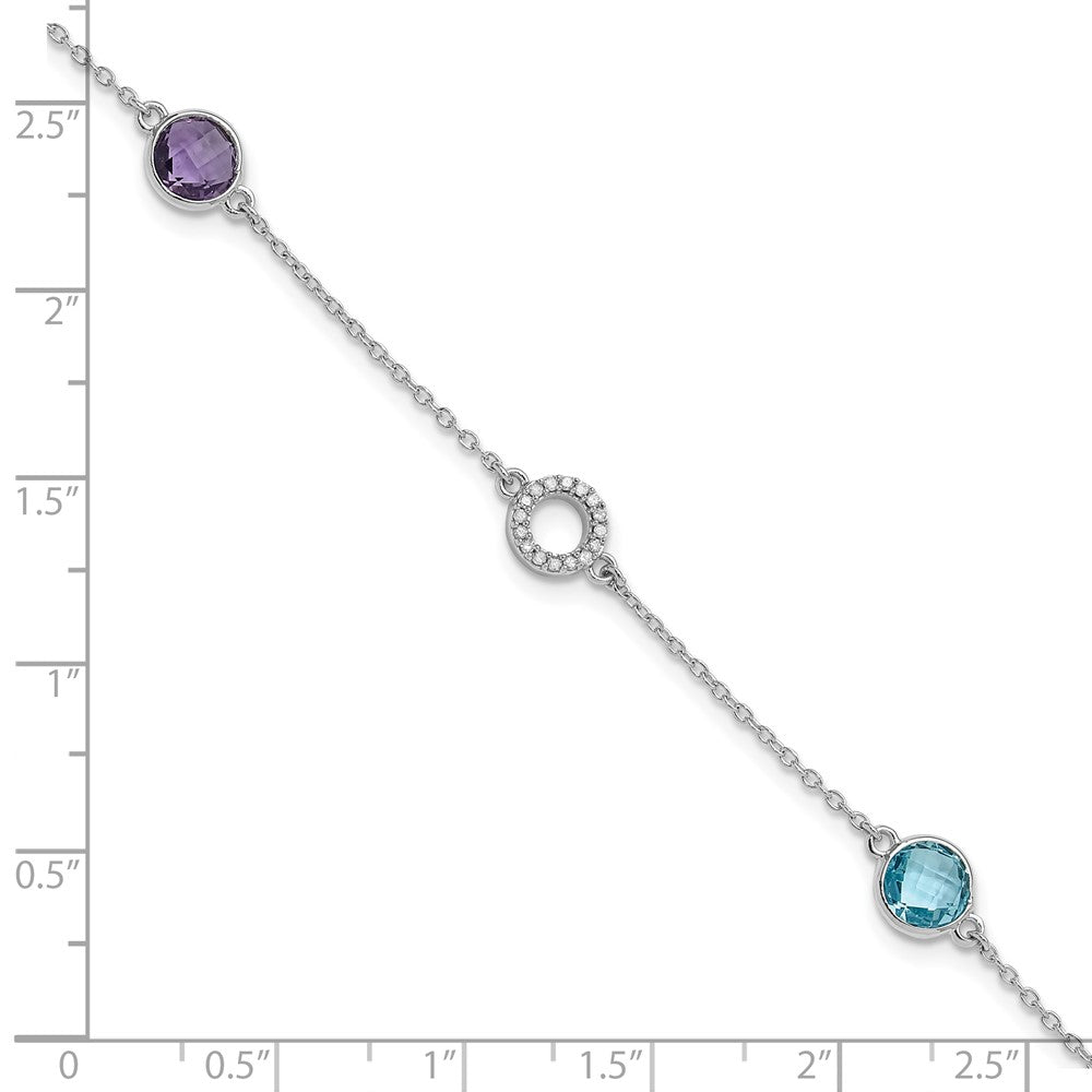 White Ice Sterling Silver/Rhodium-plated Diamond, Blue Topaz, Amethyst 6.25 inch Bracelet plus 1 inch Extender