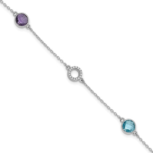 White Ice Sterling Silver/Rhodium-plated Diamond, Blue Topaz, Amethyst 6.25 inch Bracelet plus 1 inch Extender