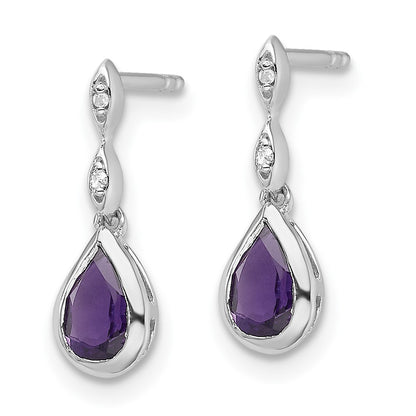 White Ice Sterling Silver Rhodium-plated Diamond with Teardrop Amethyst Post Dangle Earrings