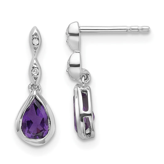 White Ice Sterling Silver Rhodium-plated Diamond with Teardrop Amethyst Post Dangle Earrings