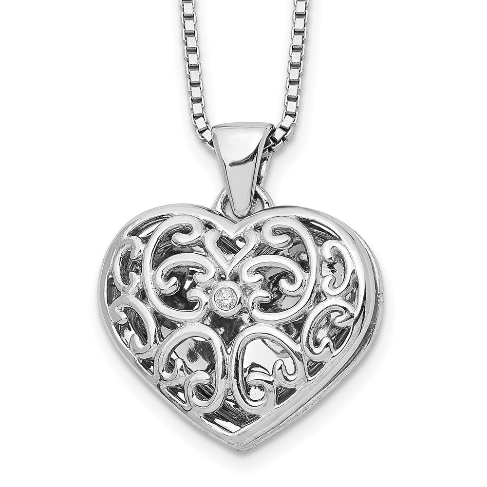 White Ice Sterling Silver Rhodium-plated 18 Inch Diamond Filigree Heart Locket Necklace with 2 Inch Extender