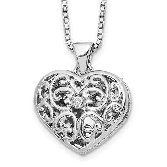 White Ice Sterling Silver Rhodium-plated 18 Inch Diamond Filigree Heart Locket Necklace with 2 Inch Extender