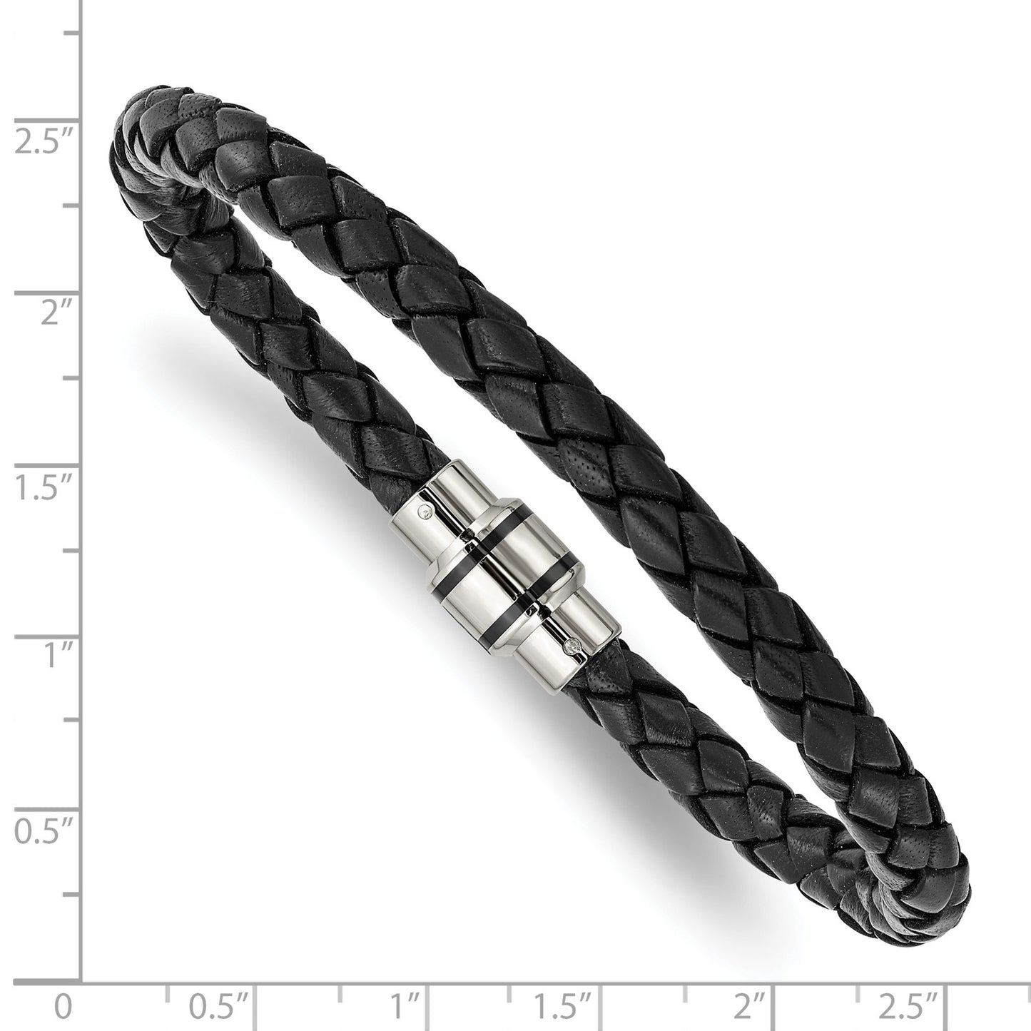 Chisel Stainless Steel Polished Black IP-plated Black Braided Leather 9 inch Bracelet