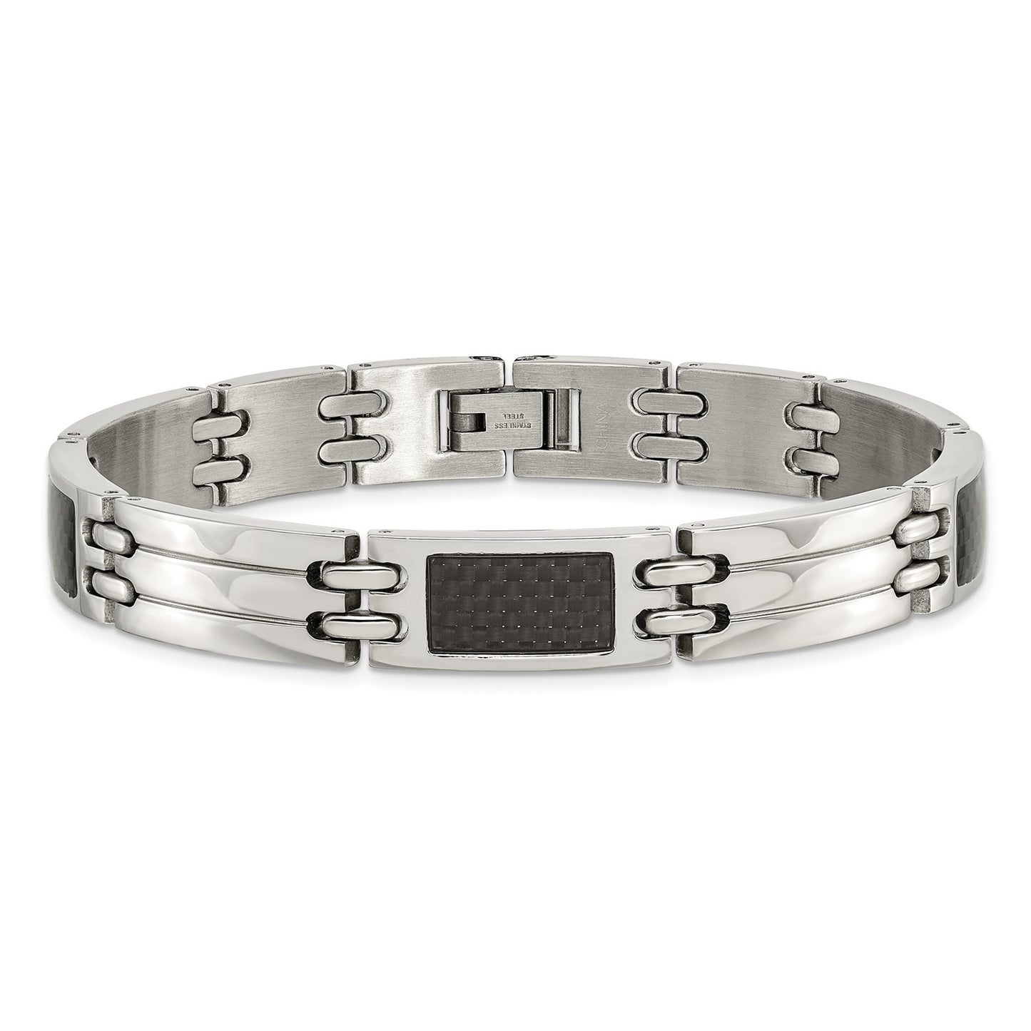 Chisel Stainless Steel Brushed and Polished with Black Carbon Fiber Inlay 8.5 inch Link Bracelet