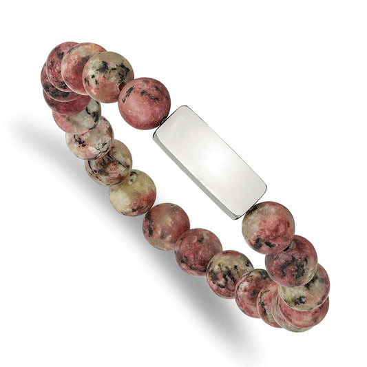 Chisel Stainless Steel Polished ID Plate 8.5mm Rhodochrosite Beaded Stretch Bracelet