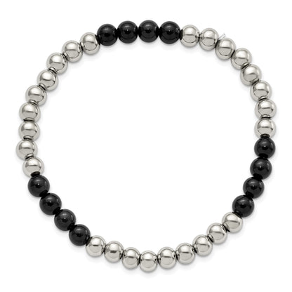 Chisel Stainless Steel Polished 6mm Black Onyx Beaded Stretch Bracelet