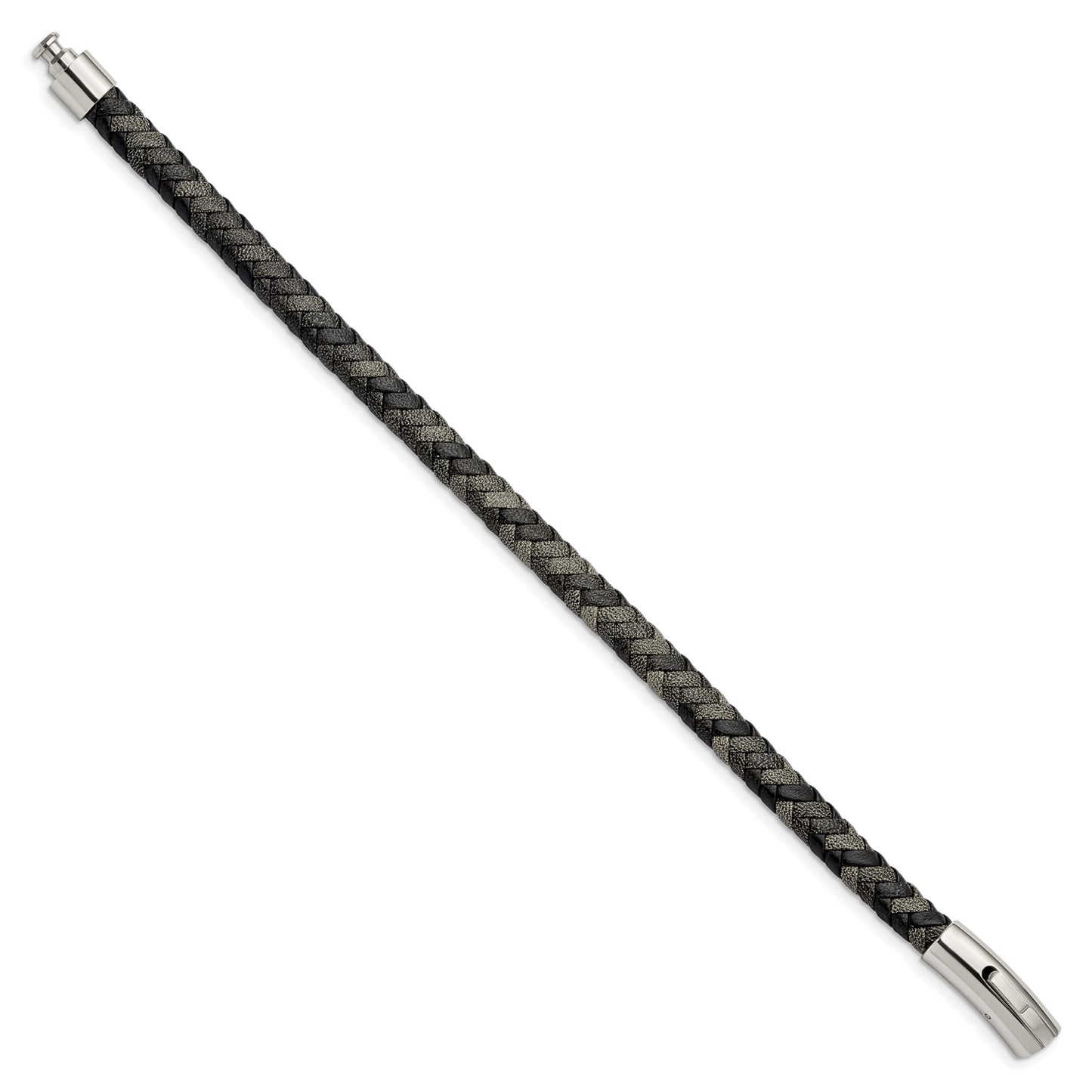 Chisel Stainless Steel Polished Black and Grey Braided Leather 8.25 inch Bracelet