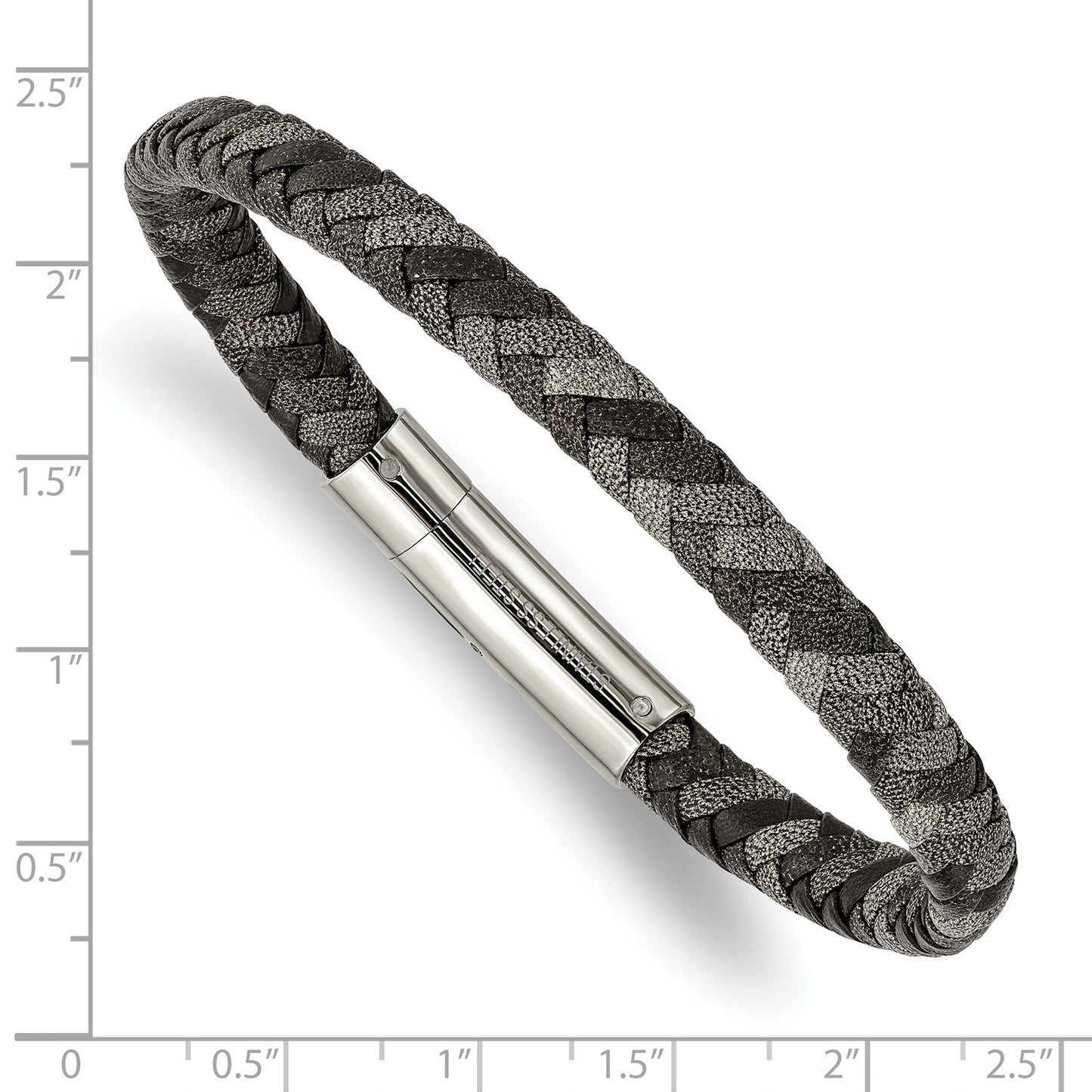 Chisel Stainless Steel Polished Black and Grey Braided Leather 8.25 inch Bracelet