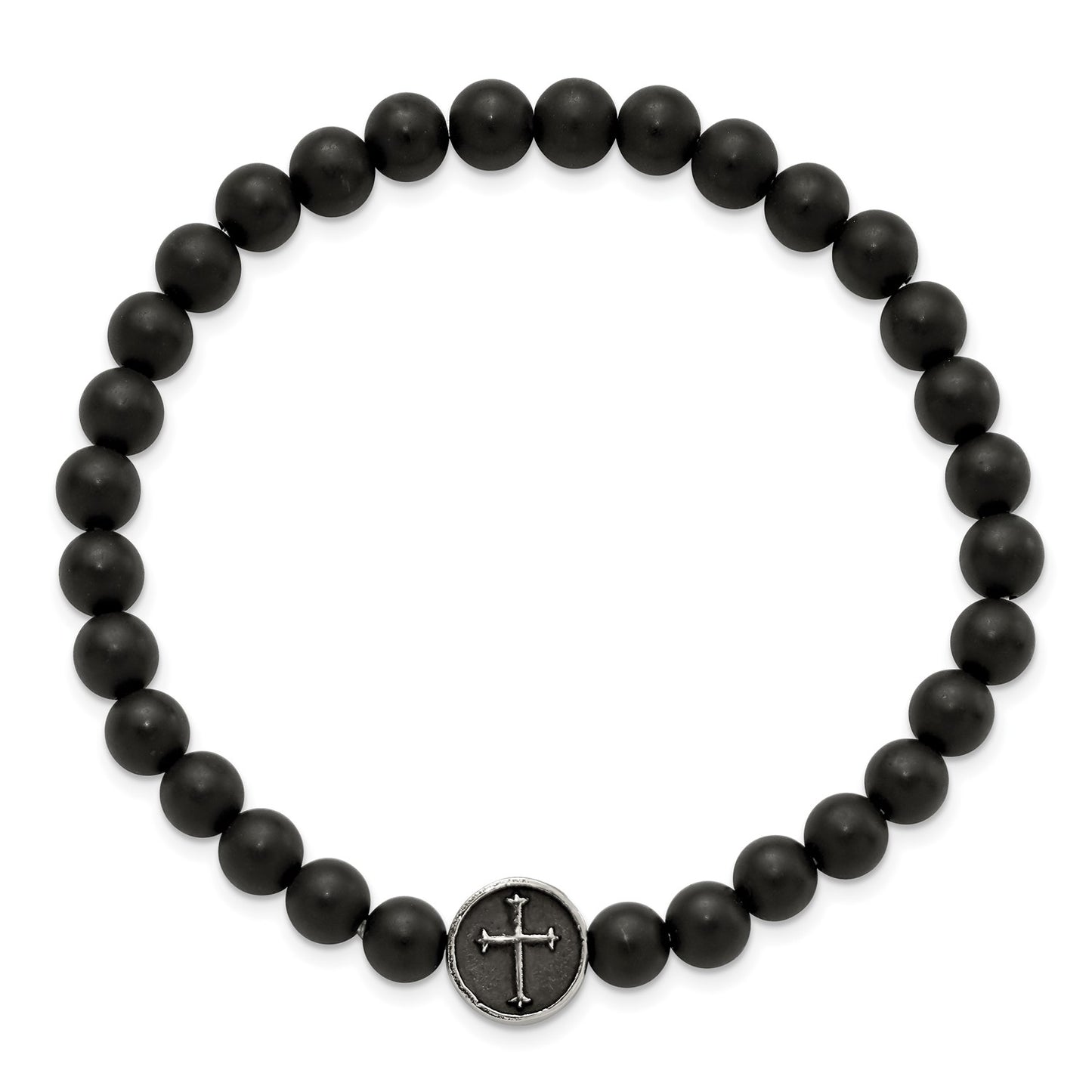 Chisel Stainless Steel Antiqued and Polished Cross 7mm Black Agate Beaded Stretch Bracelet