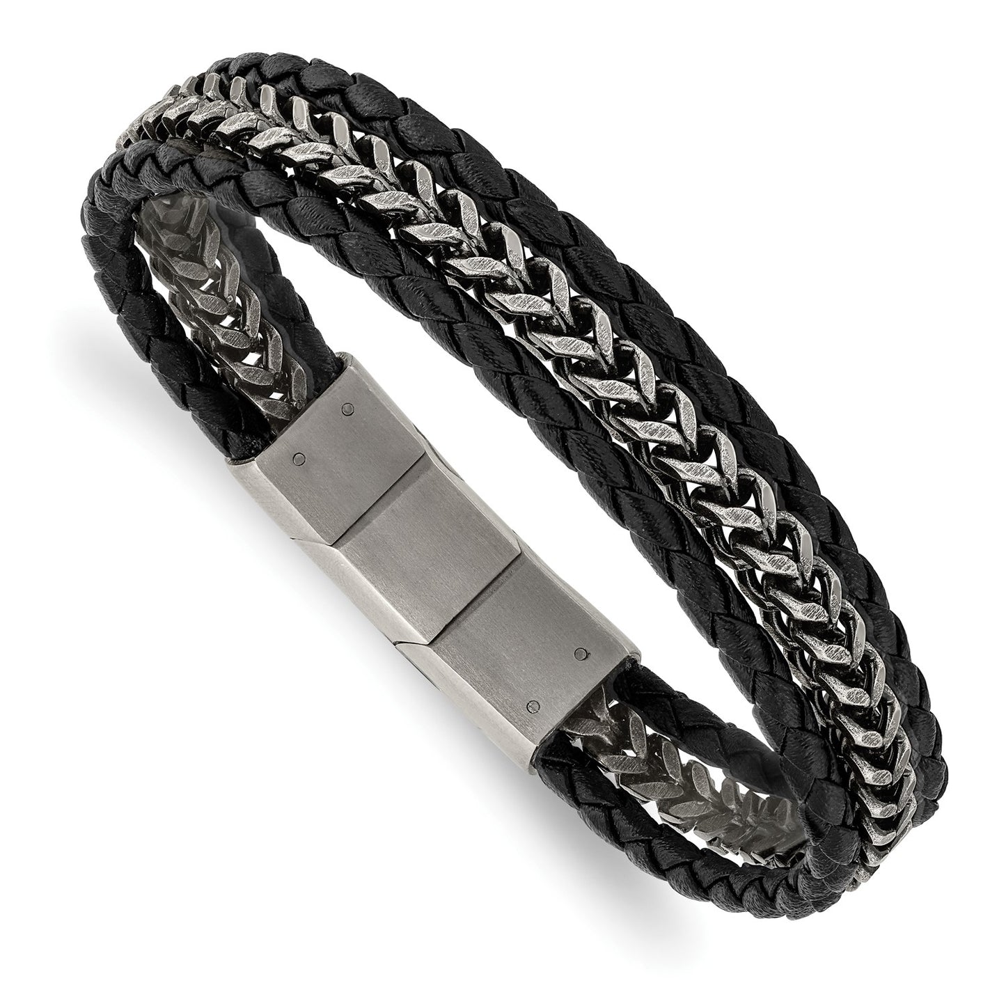 Chisel Stainless Steel Antiqued and Brushed Multi Strand Chain and Black Leather 8.25 inch Bracelet with .5 inch Extension